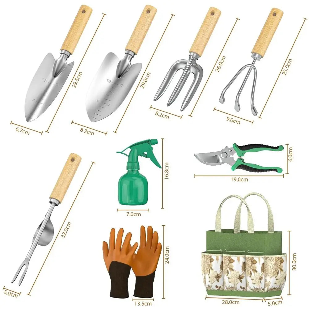 Cinq outils de jardinage en inox avec poignées en bois, gants, pulvérisateur et sac de rangement vert et beige