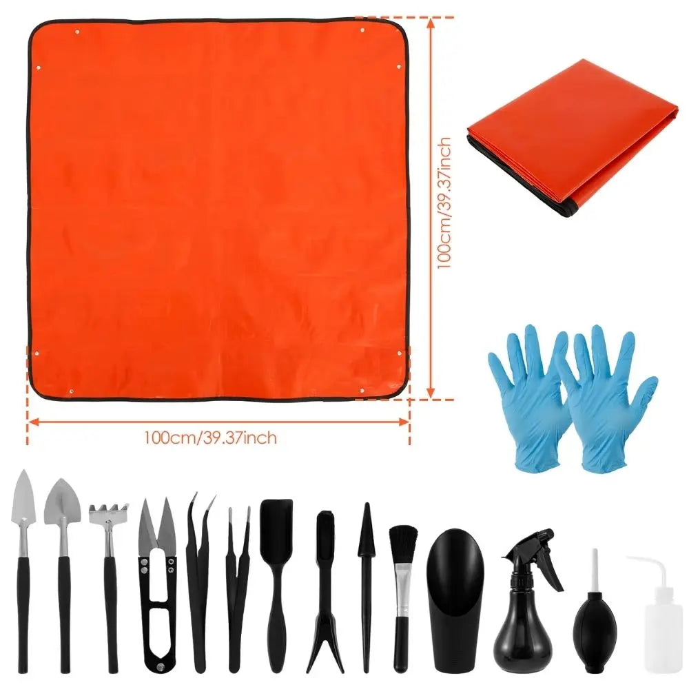 Tapis de rempotage orange avec outils de jardinage noirs et gants bleus sur fond blanc