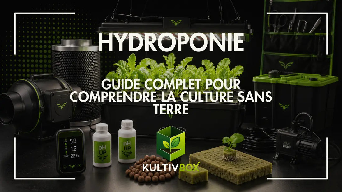 Système hydroponique indoor avec jeunes plants, extracteur, testeurs pH et accessoires de culture sans terre