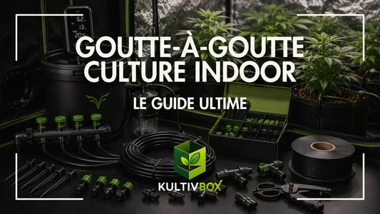 Kit goutte-à-goutte pour culture indoor avec tuyaux, goutteurs, raccords et plantes en chambre de culture