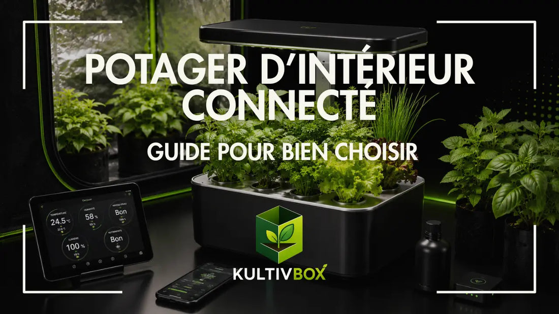 Potager d’intérieur connecté avec lampe LED, plantes aromatiques et écran de contrôle dans une chambre indoor