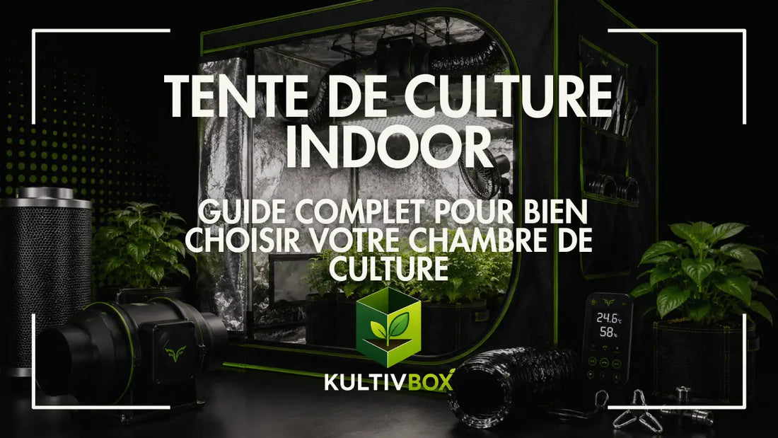 Tente de culture indoor avec extracteur, gaine, hygromètre et plantes vertes dans un environnement contrôlé
