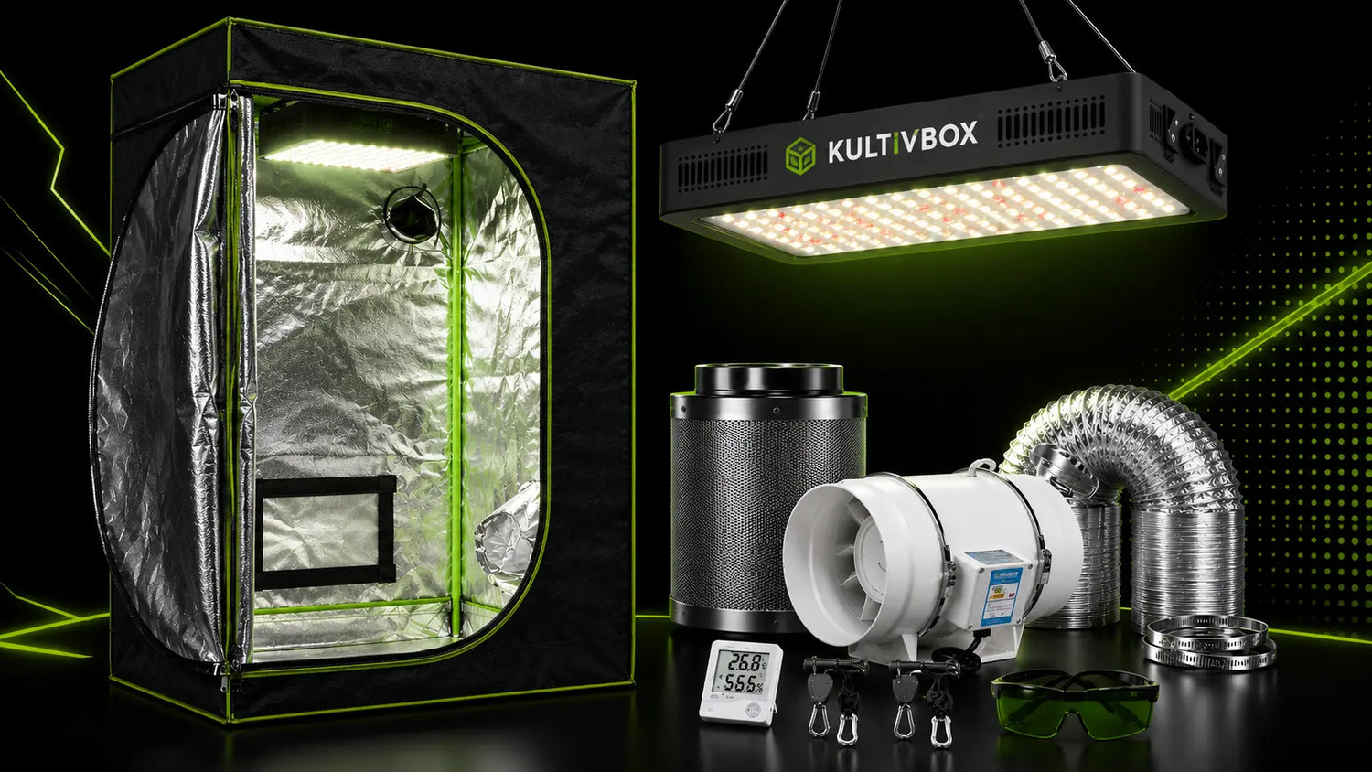 Chambre de culture complète avec tente, éclairage LED, ventilateur et accessoires de culture visibles
