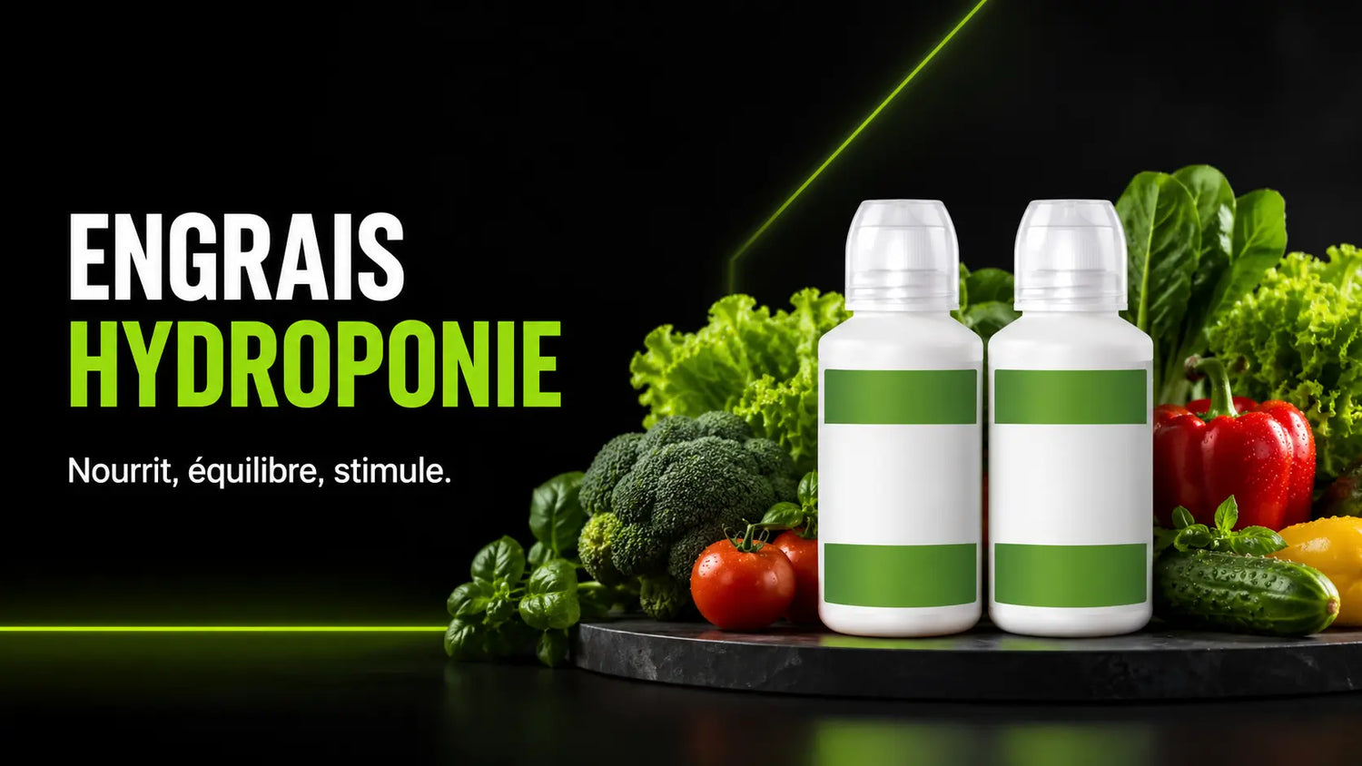 Deux bouteilles d'engrais hydroponie sur un fond de légumes frais variés