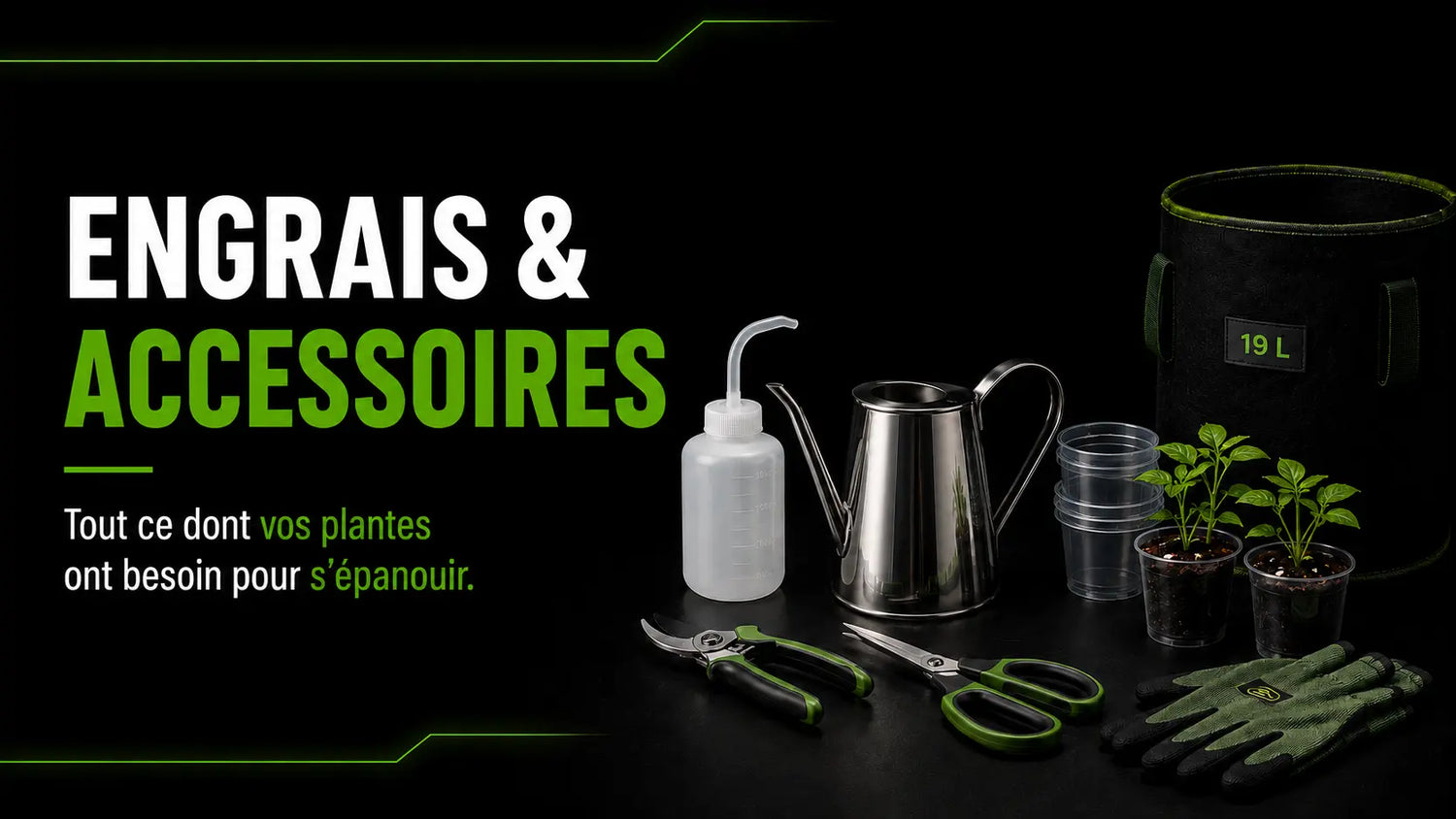 Groupe d'outils de jardinage avec pots, arrosoir et gants sur fond noir