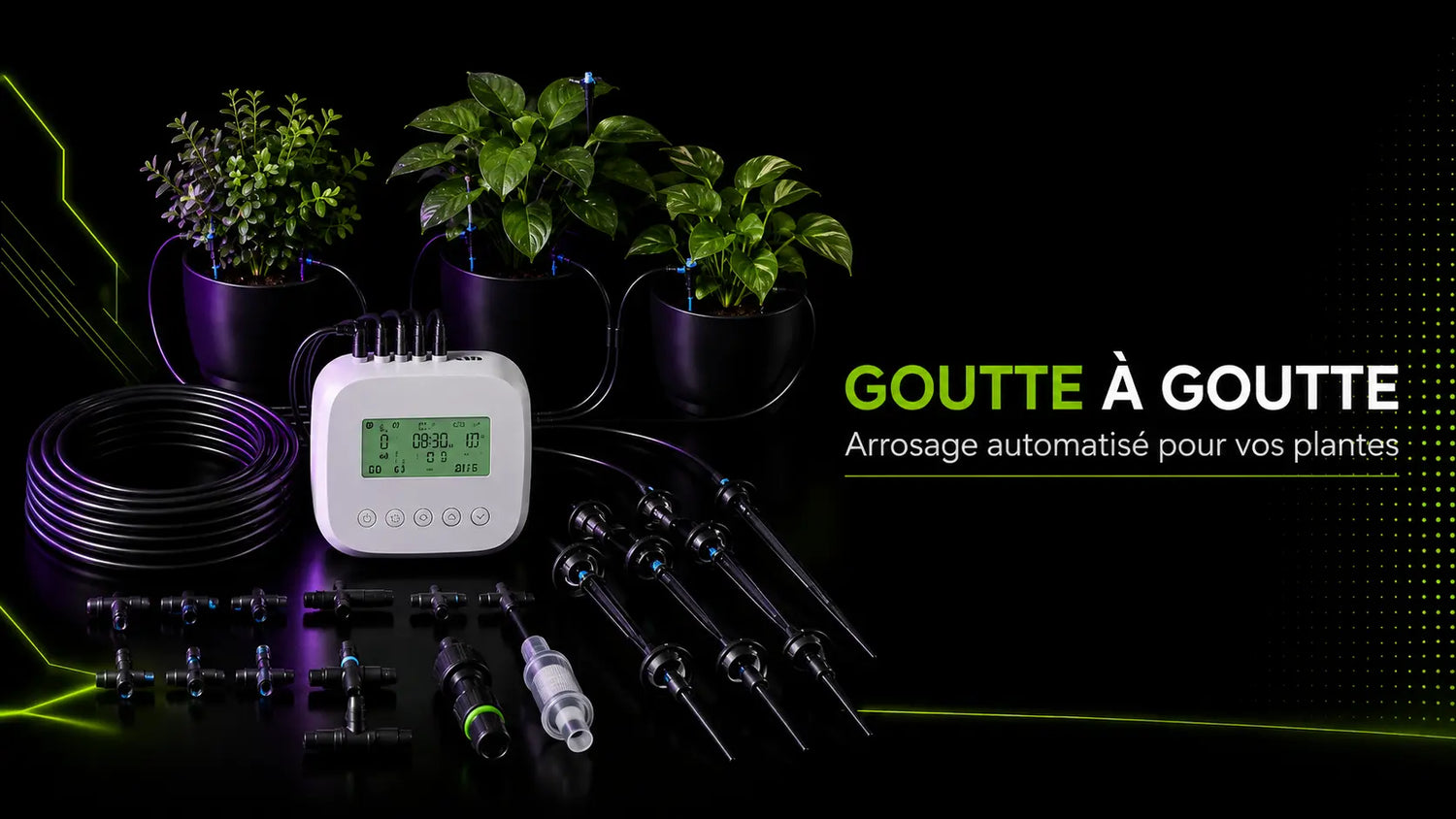 Système d'arrosage automatique avec tuyaux, goutteurs et pots de plantes vertes sur fond noir