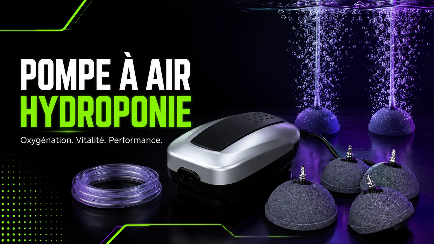 Pompe à air pour hydroponie avec accessoires et bulles d'oxygène dans l'eau