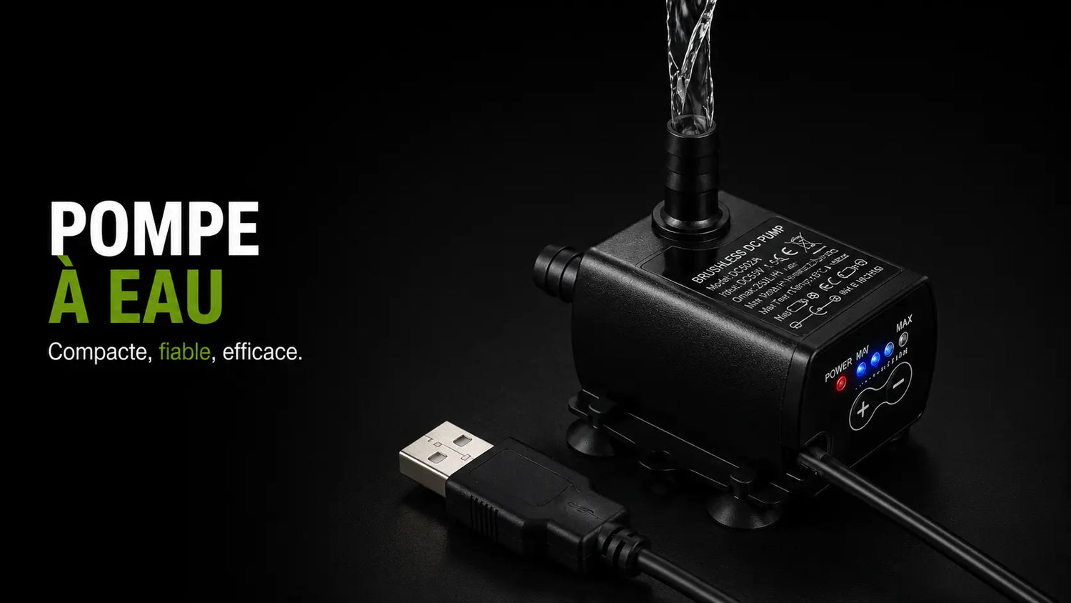 Pompe à eau hydroponie noire avec câble USB et lumière LED sur fond noir