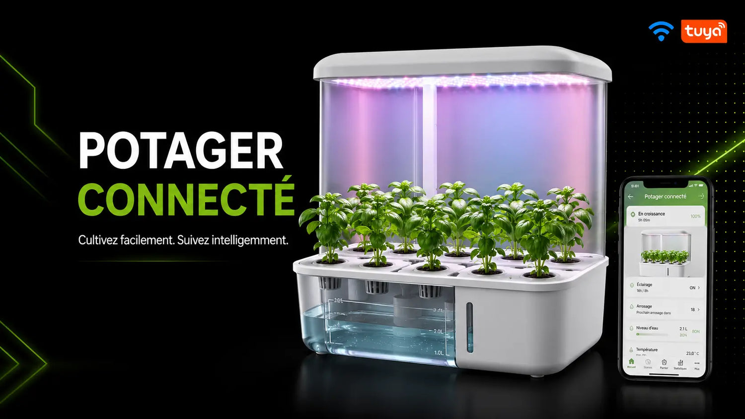 Système de culture intérieure avec plantes vertes et éclairage LED intégré pour potager connecté