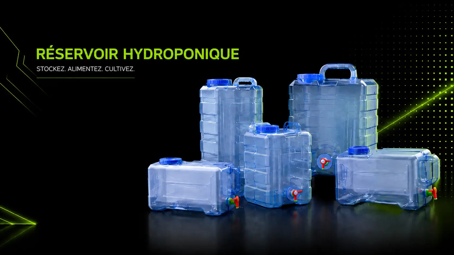 Réservoirs hydroponiques en plastique transparent de différentes tailles sur fond noir