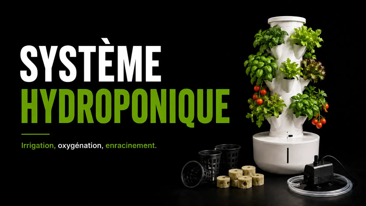 Système hydroponique avec plantes vertes et tomates cultivées dans un support vertical blanc