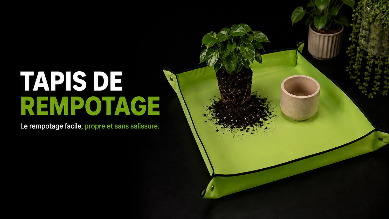 Tapis de rempotage vert avec une plante en pot et de la terre sur une surface propre