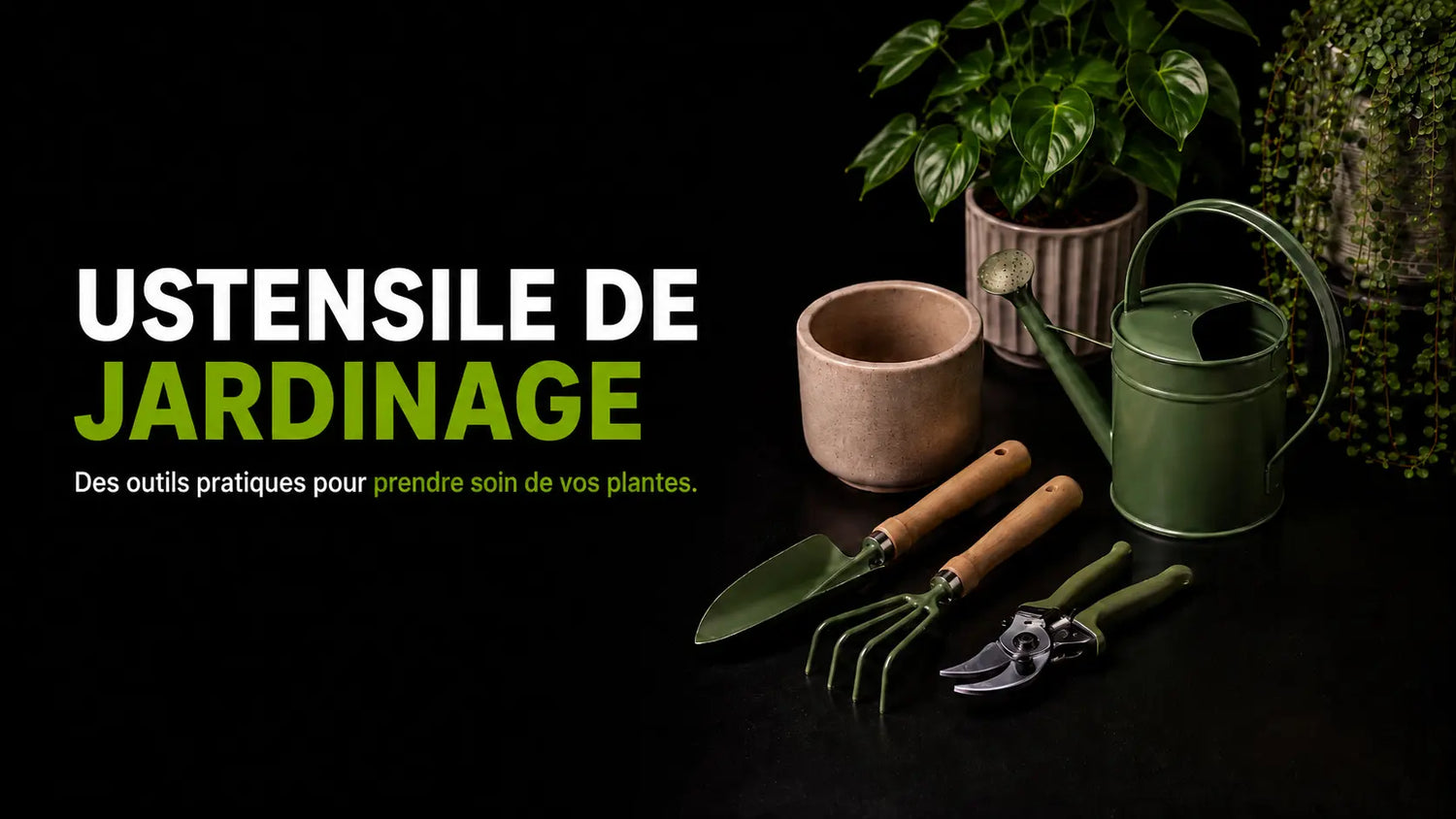 Ensemble d'ustensiles de jardinage comprenant un arrosoir, des outils et un pot en terre cuite
