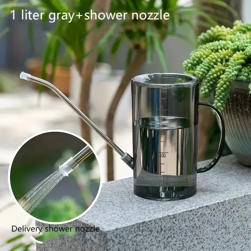 Arrosoir transparent en verre avec bec long et poignée, posé sur une surface grise, entouré de plantes vertes