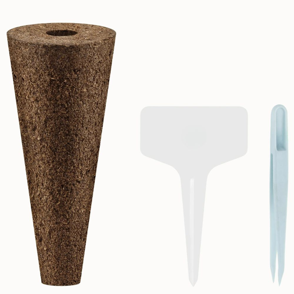 Kit comprenant un cône en biochar brun, un outil de plantation blanc et une pince transparente