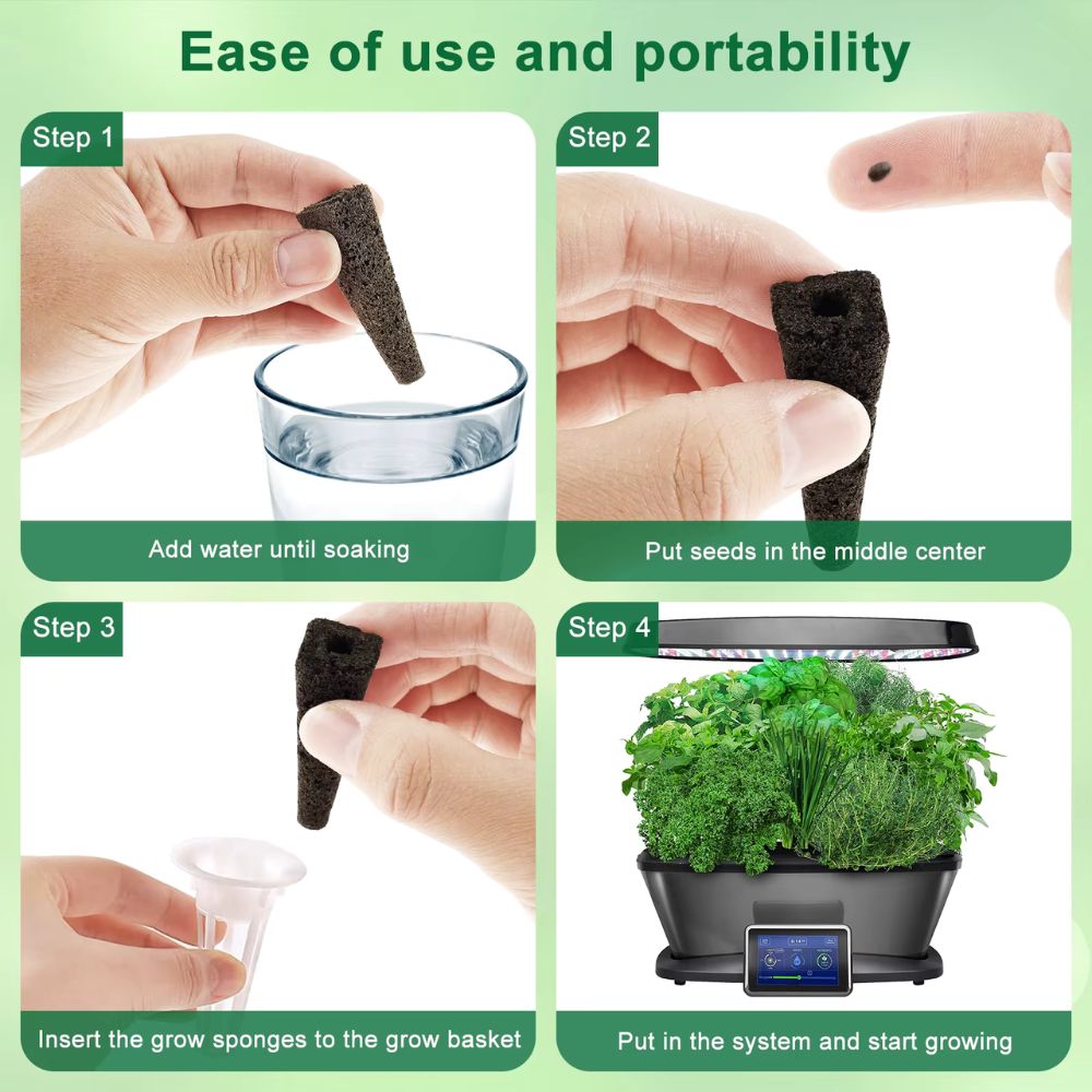 Kit éponge biochar noir en forme de cylindre, placé dans un verre d'eau, avec des plantes vertes en arrière-plan