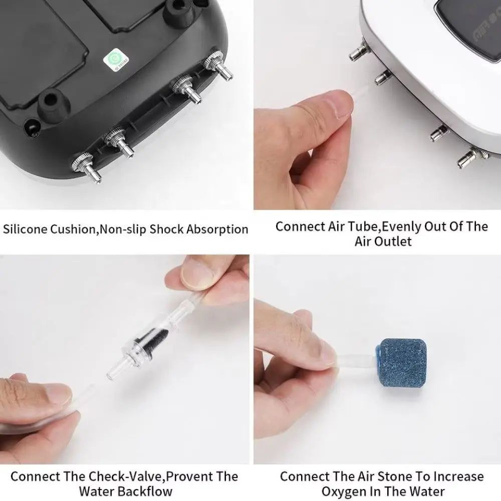 Pompe noire avec deux sorties, silicone antidérapant et accessoires pour aération d'eau dans un décor neutre