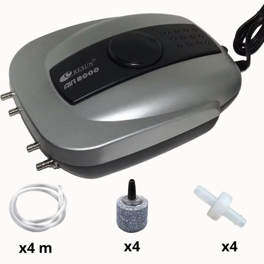 Aérateur réglable gris avec quatre sorties, tuyaux et accessoires pour système hydroponique