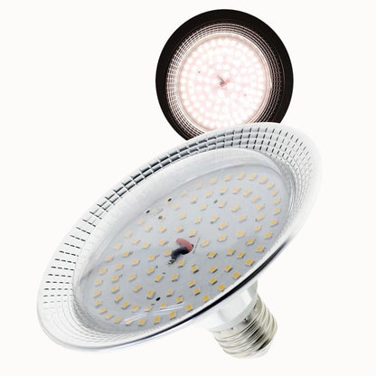 Ampoule LED horticole avec un design circulaire, surface argentée et lumière blanche émise par des diodes