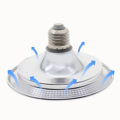 Ampoule en métal argenté avec un design circulaire et des flèches indiquant la diffusion de la lumière