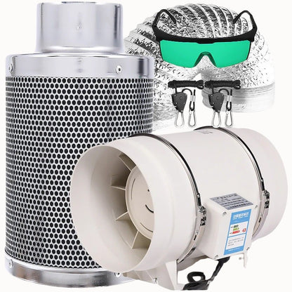 Système de ventilation avec filtre en métal, ventilateur blanc et lunettes de protection vertes