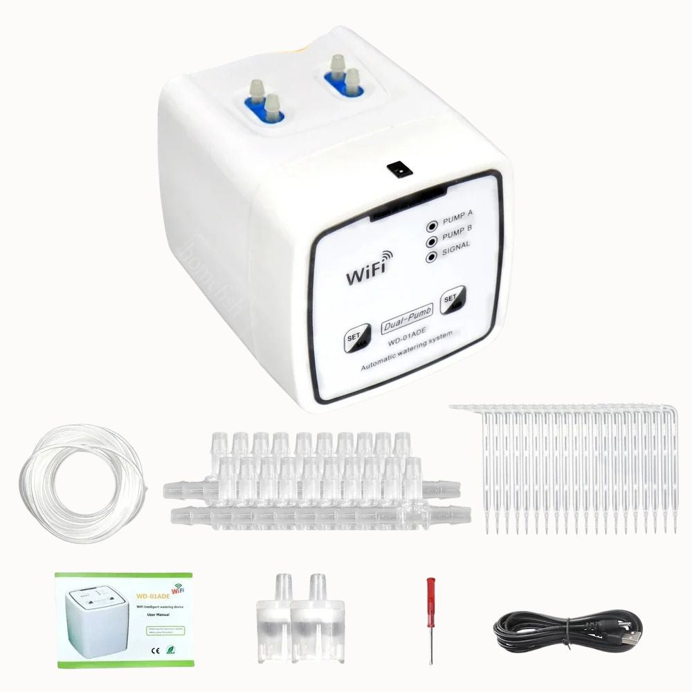 Système d'arrosage automatique WiFi avec double pompe, tuyaux et accessoires pour 20 pots