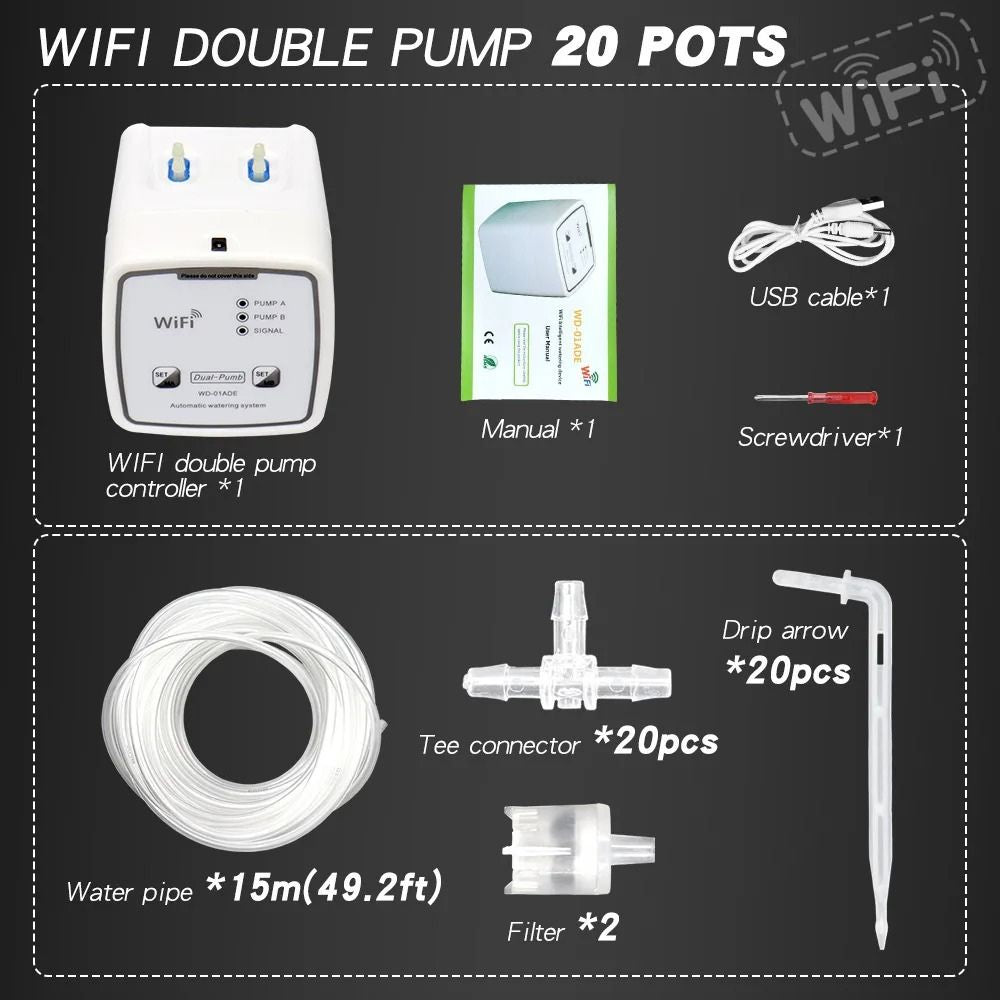 Système d'arrosage automatique WiFi avec double pompe, tuyaux et accessoires pour 20 pots de plantes