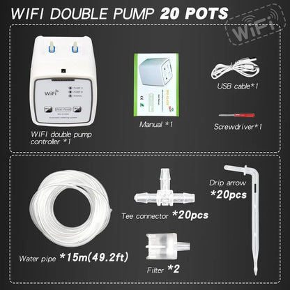 Système d'arrosage automatique WiFi avec double pompe, tuyaux et accessoires pour 20 pots de plantes