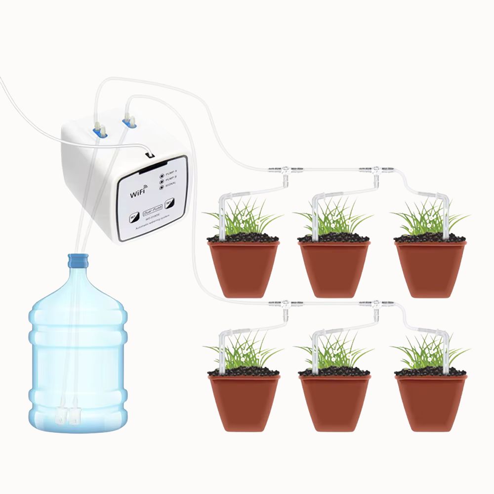 Système d'arrosage automatique WiFi avec double pompe et six pots de plantes en terre cuite