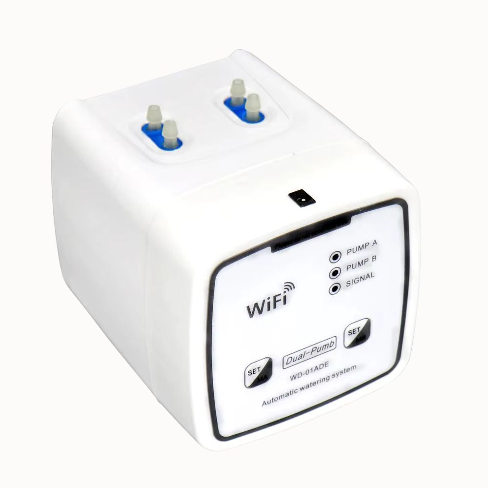 Système d'arrosage automatique WiFi avec deux pompes et connectivité sans fil visible sur l'image