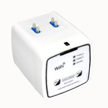 Système d'arrosage automatique WiFi avec deux pompes et connectivité sans fil visible sur l'image