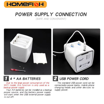 Image montrant un système d'alimentation avec batteries et câble USB pour arrosage automatique WiFi