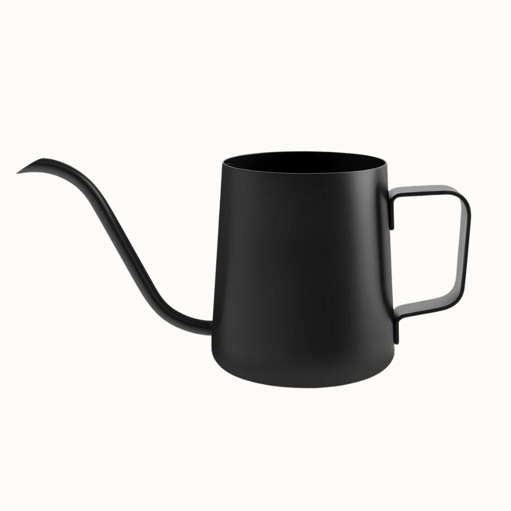 Arrosoir noir en acier inoxydable avec un long bec et une poignée ergonomique