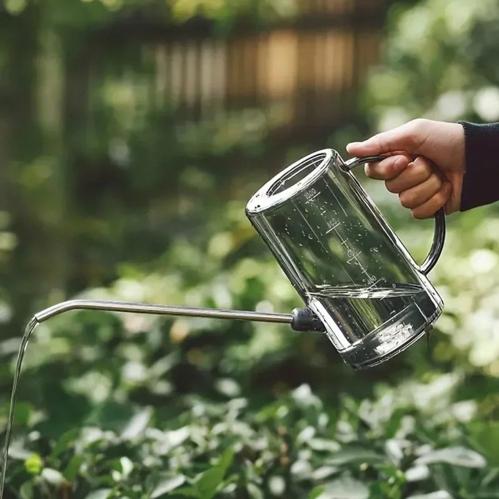 Arrosoir gris anthracite en métal avec pomme d'arrosage, versant de l'eau sur des plantes vertes