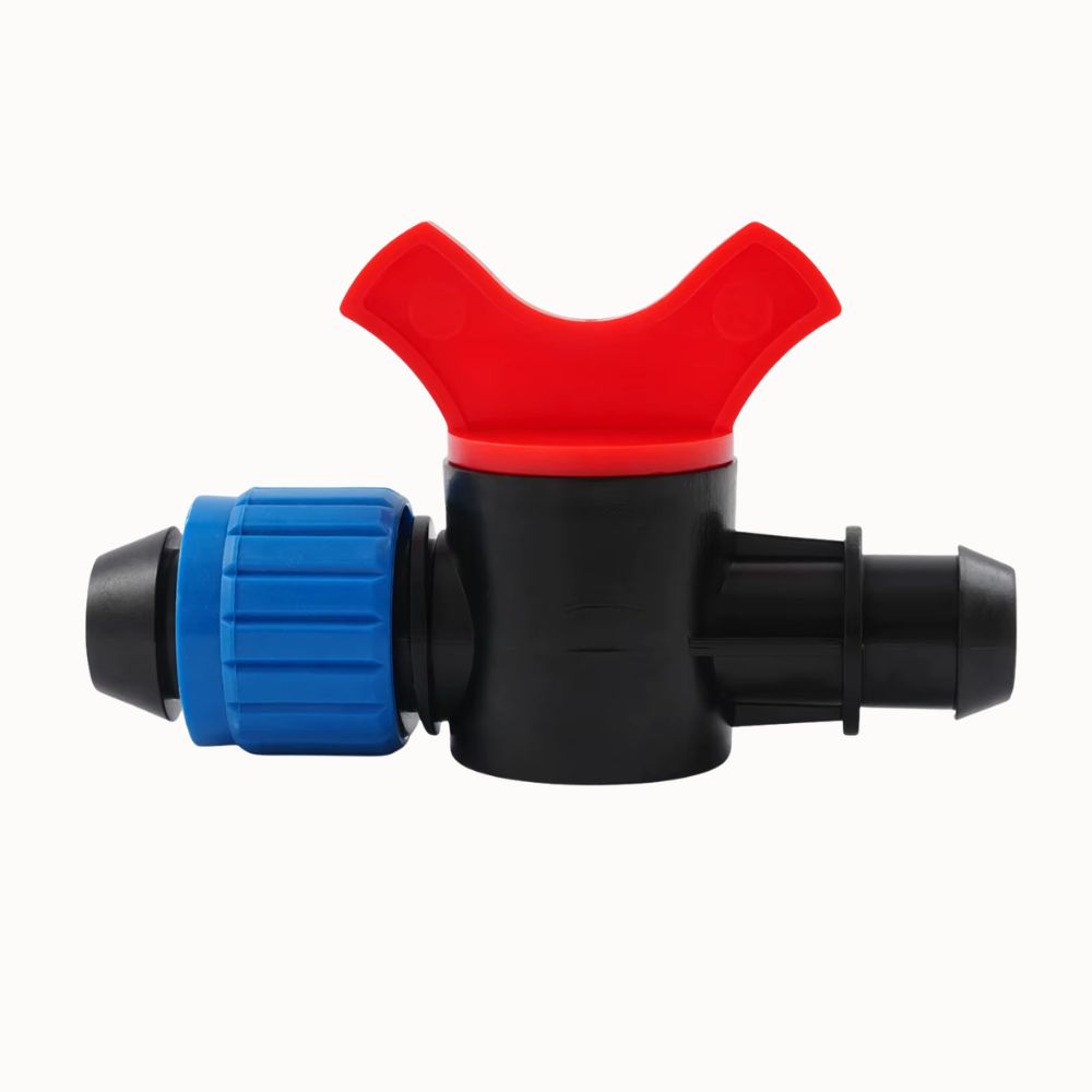Accessoire de connexion en plastique noir et rouge avec un bouton de réglage bleu et une forme cylindrique