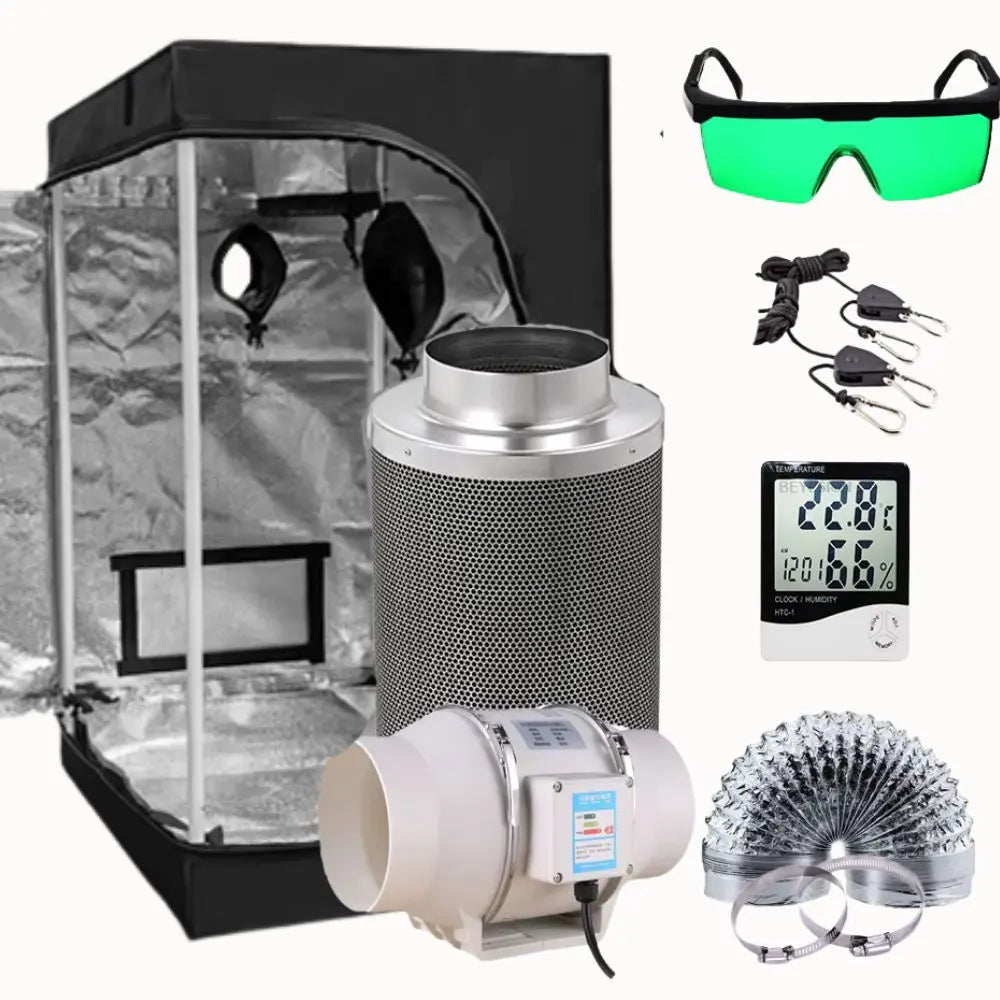Chambre de culture complète avec extracteur, lunettes de protection et accessoires visibles sur l'image