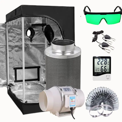 Chambre de culture complète avec extracteur, lunettes de protection et accessoires visibles sur l'image