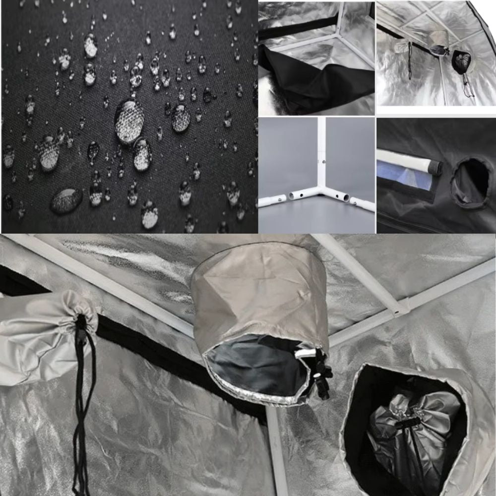 Intérieur d'une box de culture avec parois noires et argentées, gouttes d'eau sur la surface, accessoires visibles