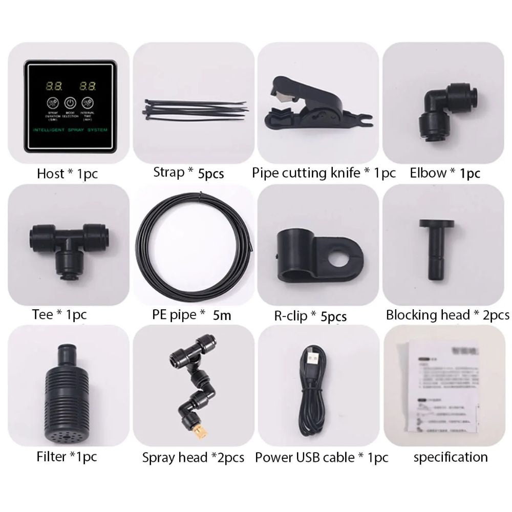 Image montrant les composants d'un brumisateur programmable avec buses orientables et accessoires divers