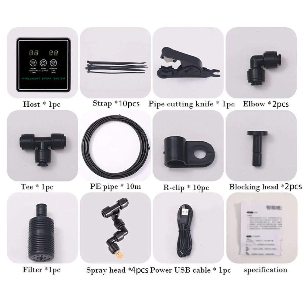 Image montrant un brumisateur programmable avec quatre buses orientables et divers accessoires de montage et de connexion