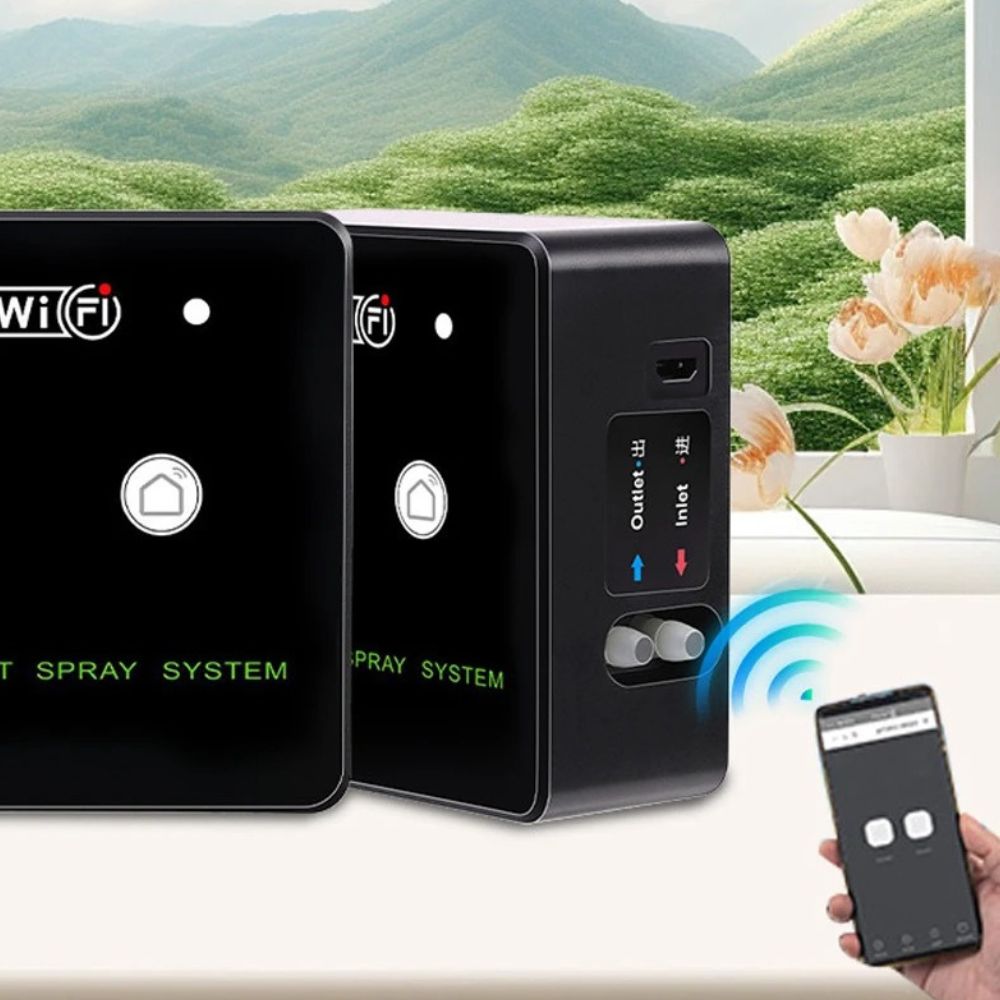 Brumisateur WiFi intelligent avec deux buses et un smartphone à proximité pour le contrôle