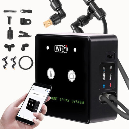 Brumisateur WiFi intelligent avec unité de contrôle et accessoires pour irrigation visible sur l'image