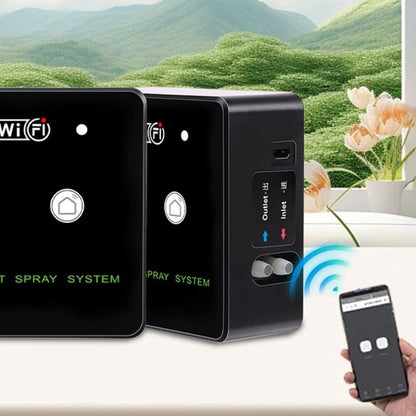 Brumisateur WiFi intelligent avec deux unités et une télécommande dans un environnement verdoyant