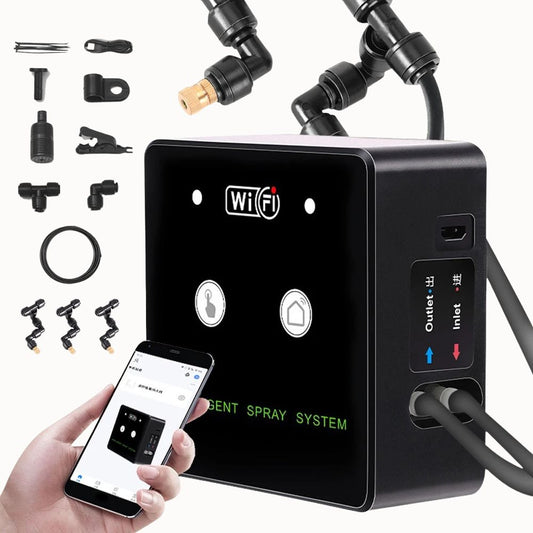 Brumisateur WiFi intelligent avec unité de contrôle et accessoires pour irrigation visible sur l'image