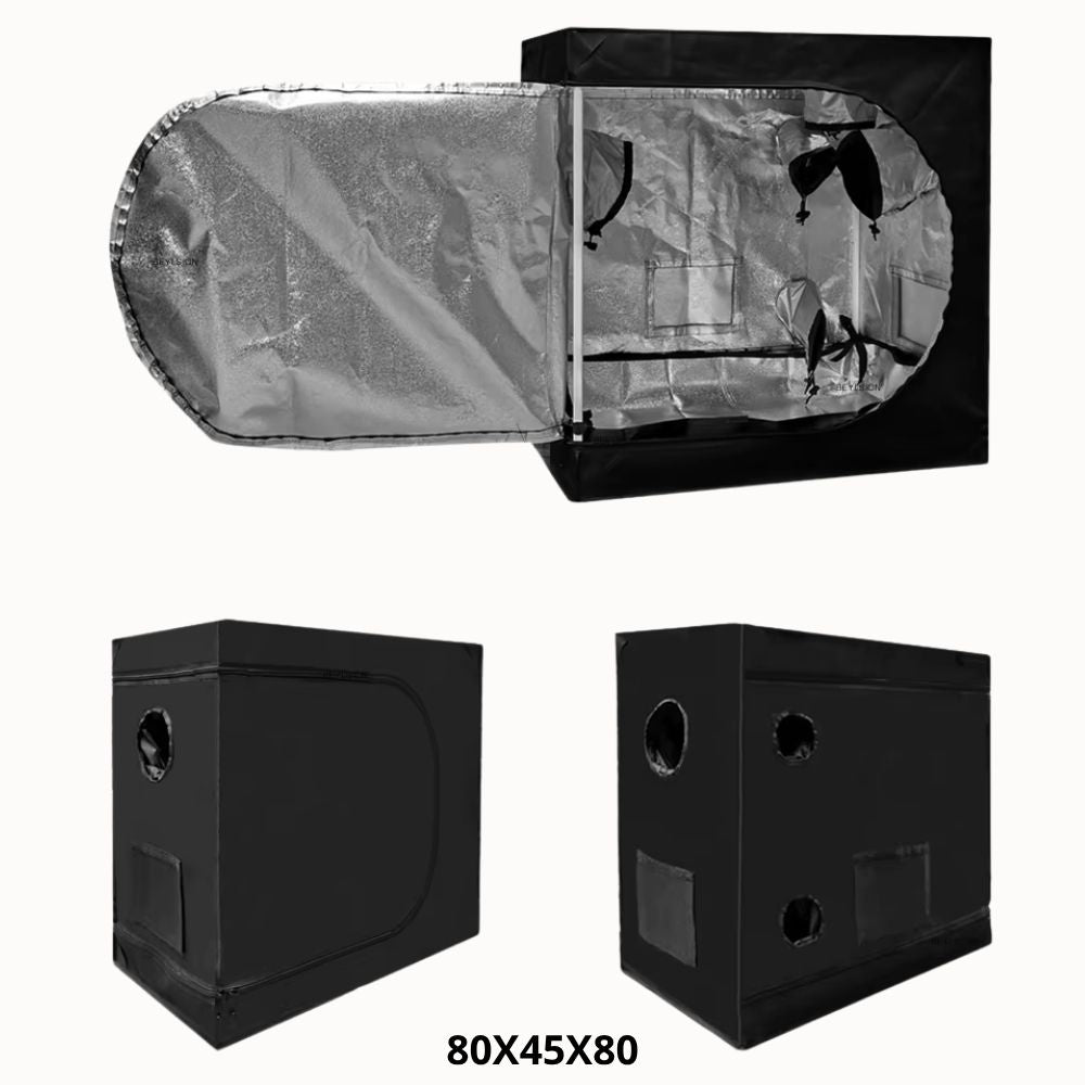 Cabine de culture indoor noire avec intérieur argenté, forme rectangulaire et plusieurs ouvertures sur les côtés