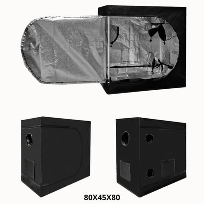 Cabine de culture indoor noire avec intérieur argenté, forme rectangulaire et plusieurs ouvertures sur les côtés