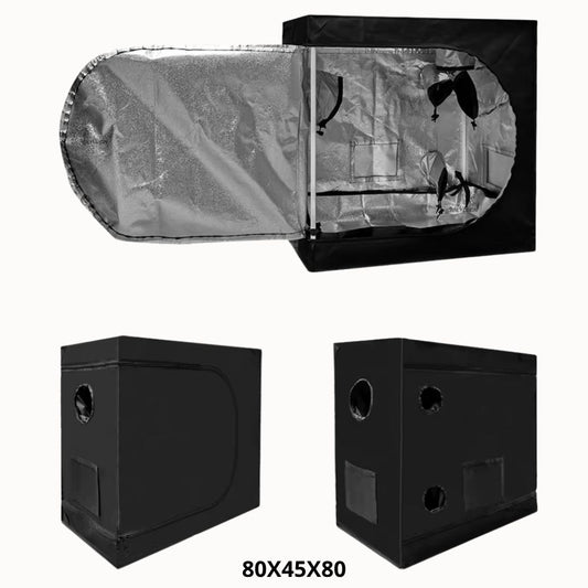 Cabine de culture indoor noire avec intérieur argenté, forme rectangulaire et plusieurs ouvertures sur les côtés