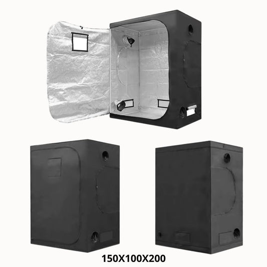 Chambre de culture noire avec intérieur réfléchissant, fermée par une porte zippée et plusieurs ouvertures