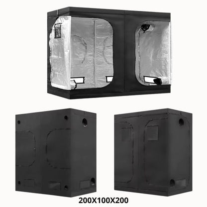Structure de culture en acier noir avec fenêtres transparentes et intérieur réfléchissant argenté