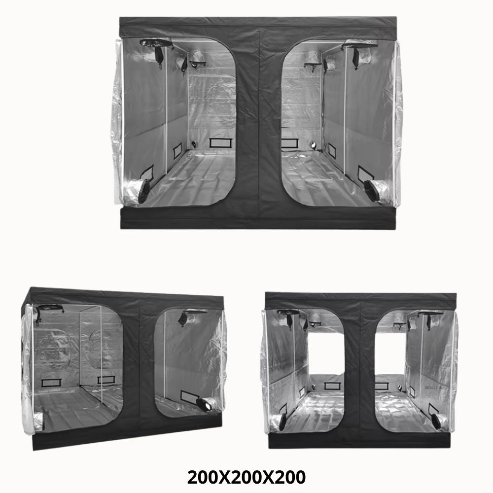 Chambre de culture intérieure avec parois noires, fenêtres transparentes et éclairage intégré visible